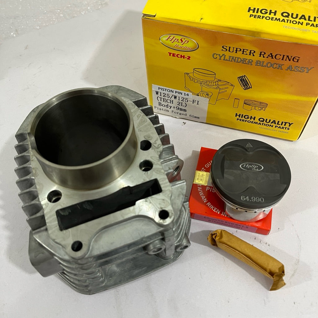HPSP RACING W125/W125-FI CYLINDER BLOCK ASSY TECH 2L BODY+9MM WITH PISTON FORGED 65MM/66MM PIN13/PIN14
